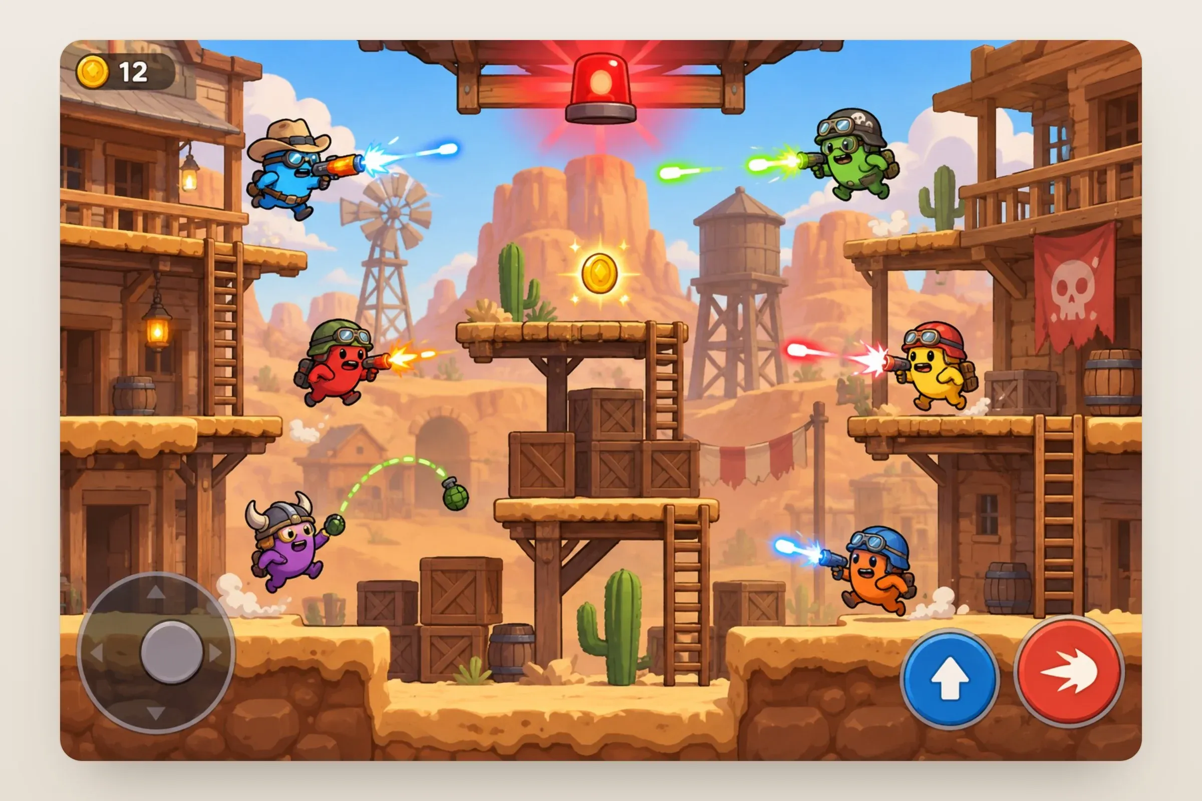 Representative artwork: a side-view desert-town arena with wooden platforms and ladders, six small cartoon fighters shooting coloured blasts, a red warning light at the top, a joystick and jump and shoot buttons