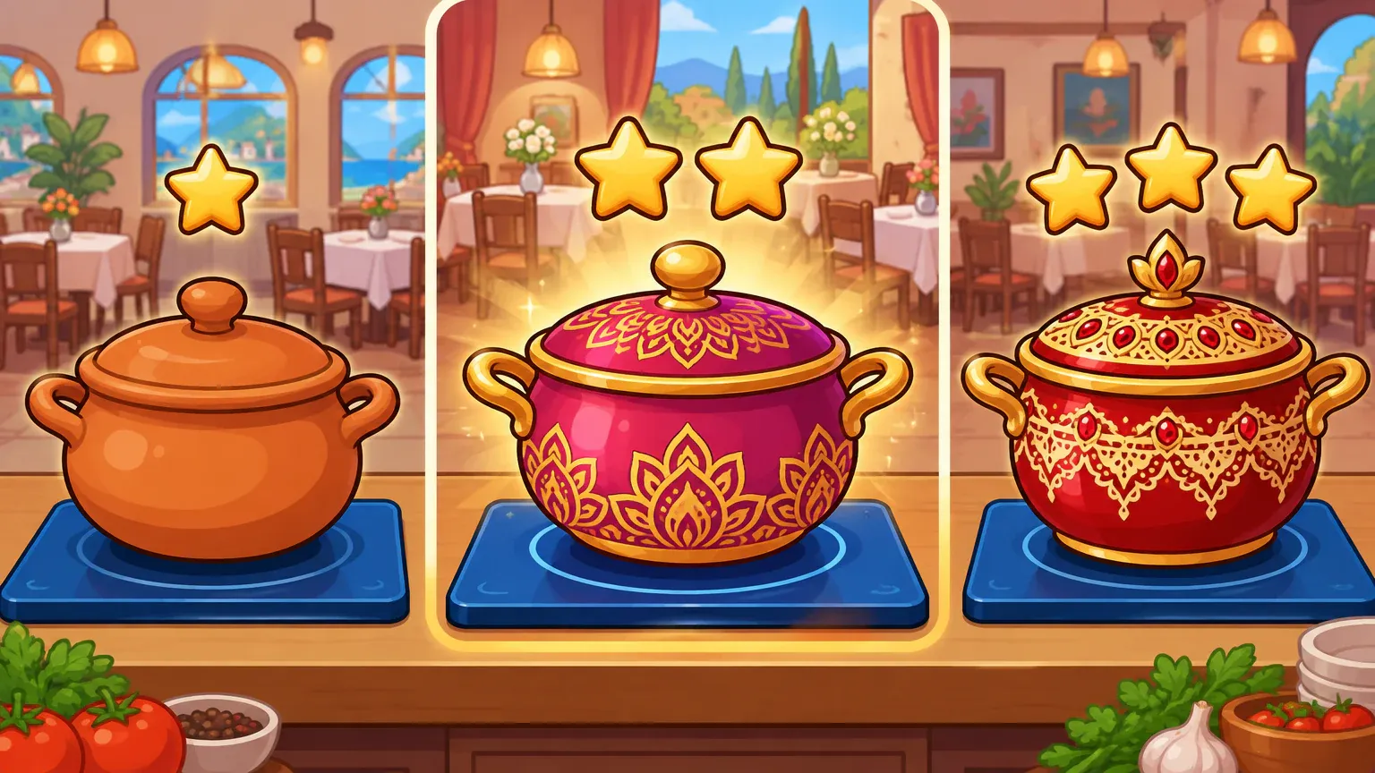 Representative artwork: one cooking pot at three upgrade levels on blue cooktops — a plain clay pot with one star, a decorated magenta pot with two stars, and an ornate red-and-gold pot with three stars
