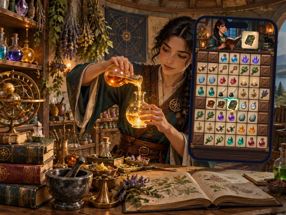 Representative artwork: an apprentice with dark braided hair in a teal-and-copper robe pours a glowing amber potion at a cluttered alchemy workbench, among potion shelves, spell books, a brass orrery and a copper still, with hills and a lake through an arched window