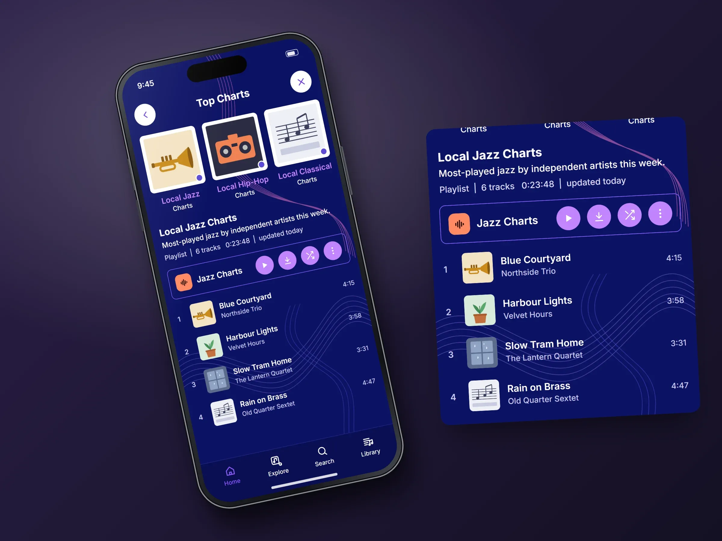 Recreated screens of the music discovery app: the home screen with mood tiles, top charts and recently played songs, or the Top Charts screen, each beside an enlarged panel of the mood and chart tiles or of the Local Jazz Charts playlist and its four tracks
