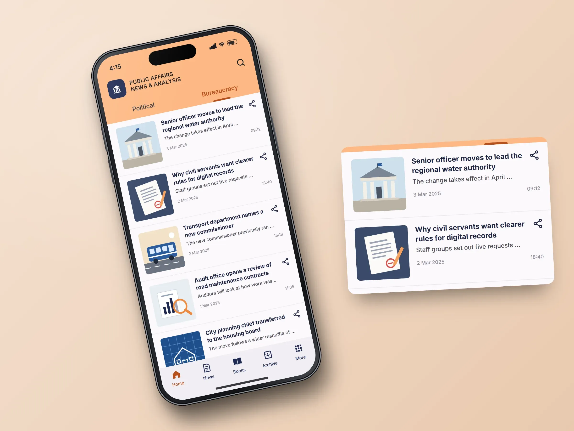 Recreated screens of the public affairs app: the Bureaucracy news list of illustrated stories or the Books list, beside an enlarged panel of two news stories or of two example books with drawn covers, The Quiet Ministry and How Councils Decide