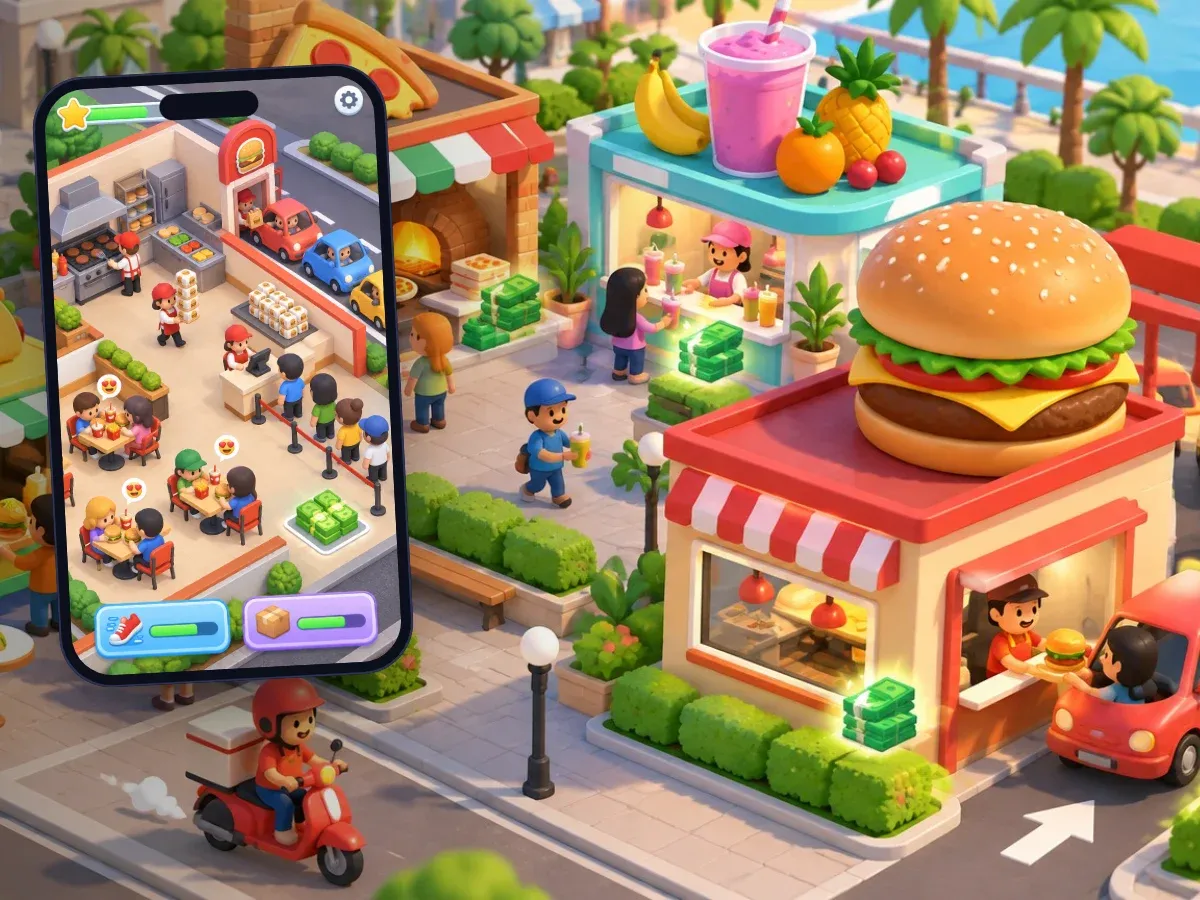 Representative artwork: an isometric toy-like fast-food street with a burger shop and drive-thru, a pizza place, a taco truck and a smoothie bar, with customers, staff, cars, a delivery scooter and stacks of cash