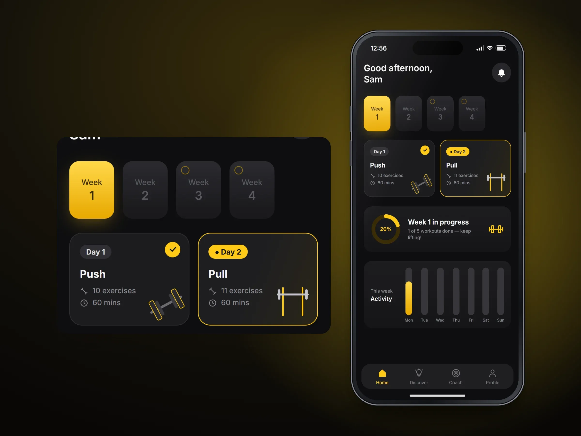 Recreated home screen of the strength-training app with weeks 1 to 4, a completed Day 1 Push workout, the next Day 2 Pull workout, a 20% weekly progress ring and an activity chart, with an enlarged panel of part of the screen