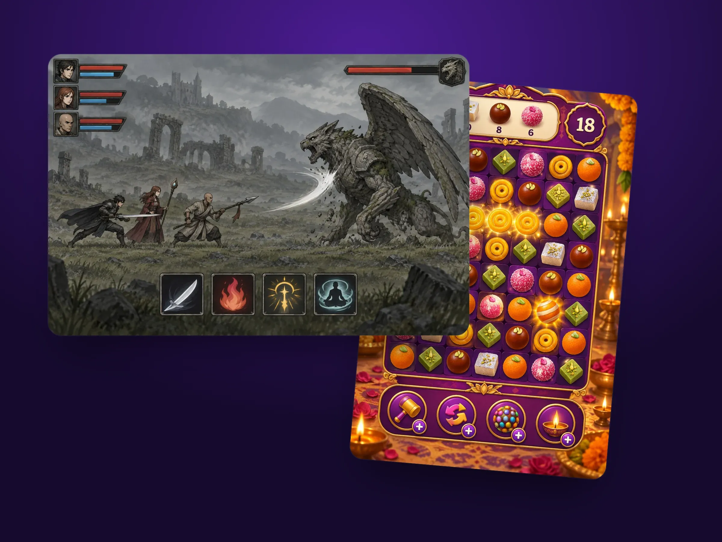 Representative artwork from the games in this collection, shown as tilted screens on a purple stage — such as the turn-based RPG battle, physics chess, the flick battle and the match-3 board of Indian sweets