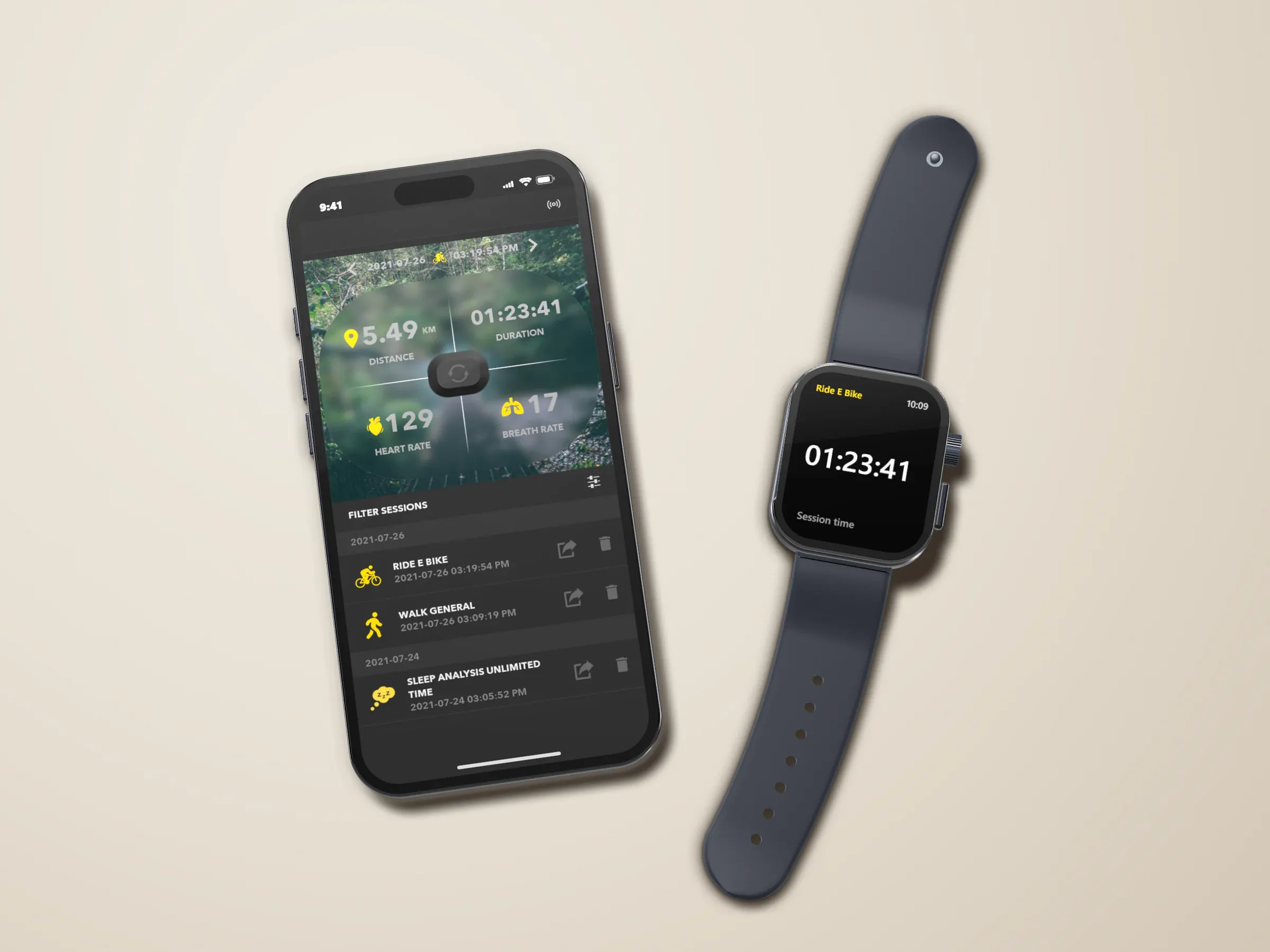 Rendered iPhone lying on a stone surface, showing a recorded session in the app — 5.49 km, 01:23:41, heart rate 129 and breath rate 17 over a map, above the list of sessions — beside a rendered Apple Watch with an illustrated face showing the same e-bike session's time
