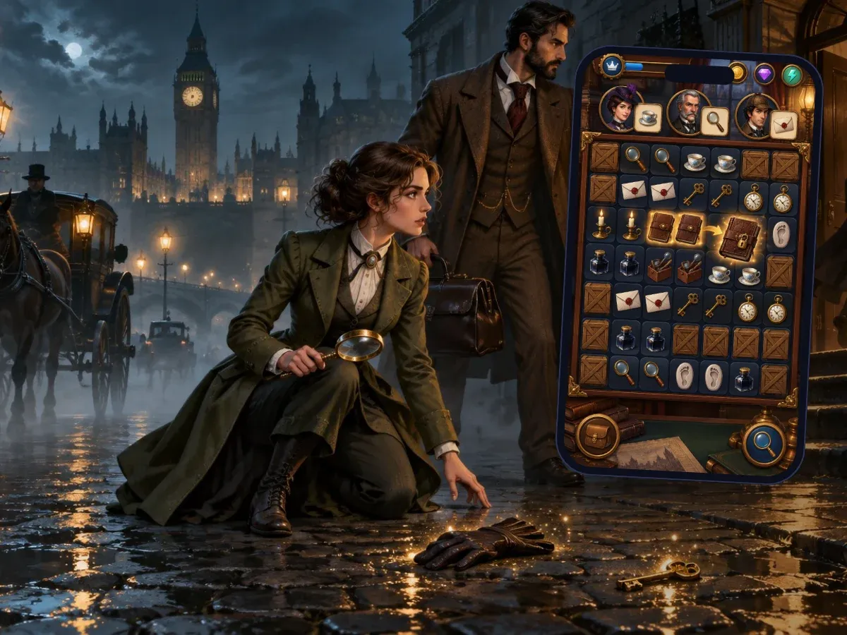 Representative artwork: a young woman investigator with a magnifying glass kneels on a wet cobbled street at night beside a dropped glove and key, beside a bearded gentleman with a lantern, while a figure in a top hat slips through a lit doorway behind them