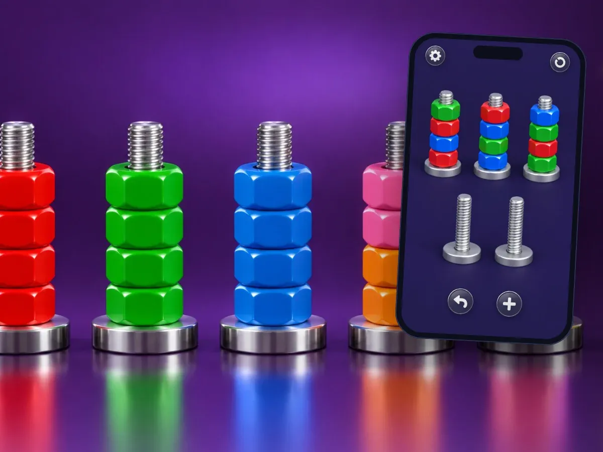 Representative artwork: six steel bolts holding stacks of glossy hexagonal nuts — red, green, blue, two mixed pink-and-orange stacks, and three yellow nuts with a fourth descending onto them