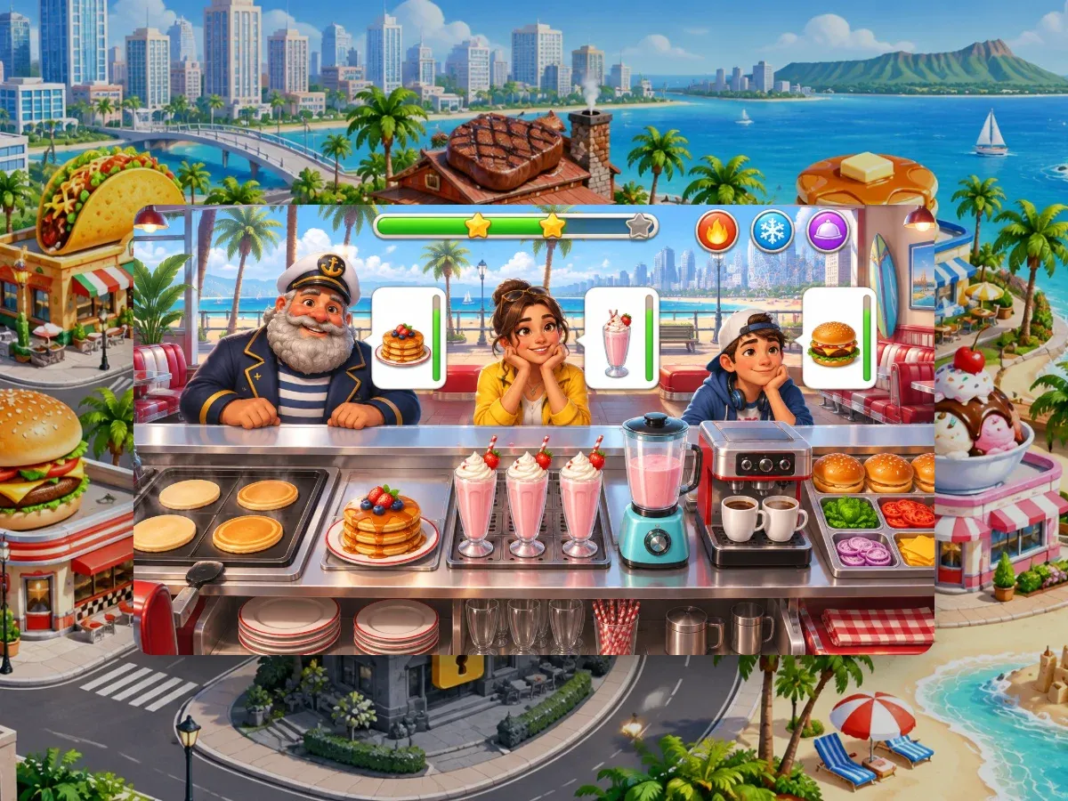 Representative artwork: an isometric coastal city map with themed restaurants — a taco stand, a barbecue shack, a pancake house, an ice-cream parlour and a burger diner — around a park, beach and harbour, one restaurant locked