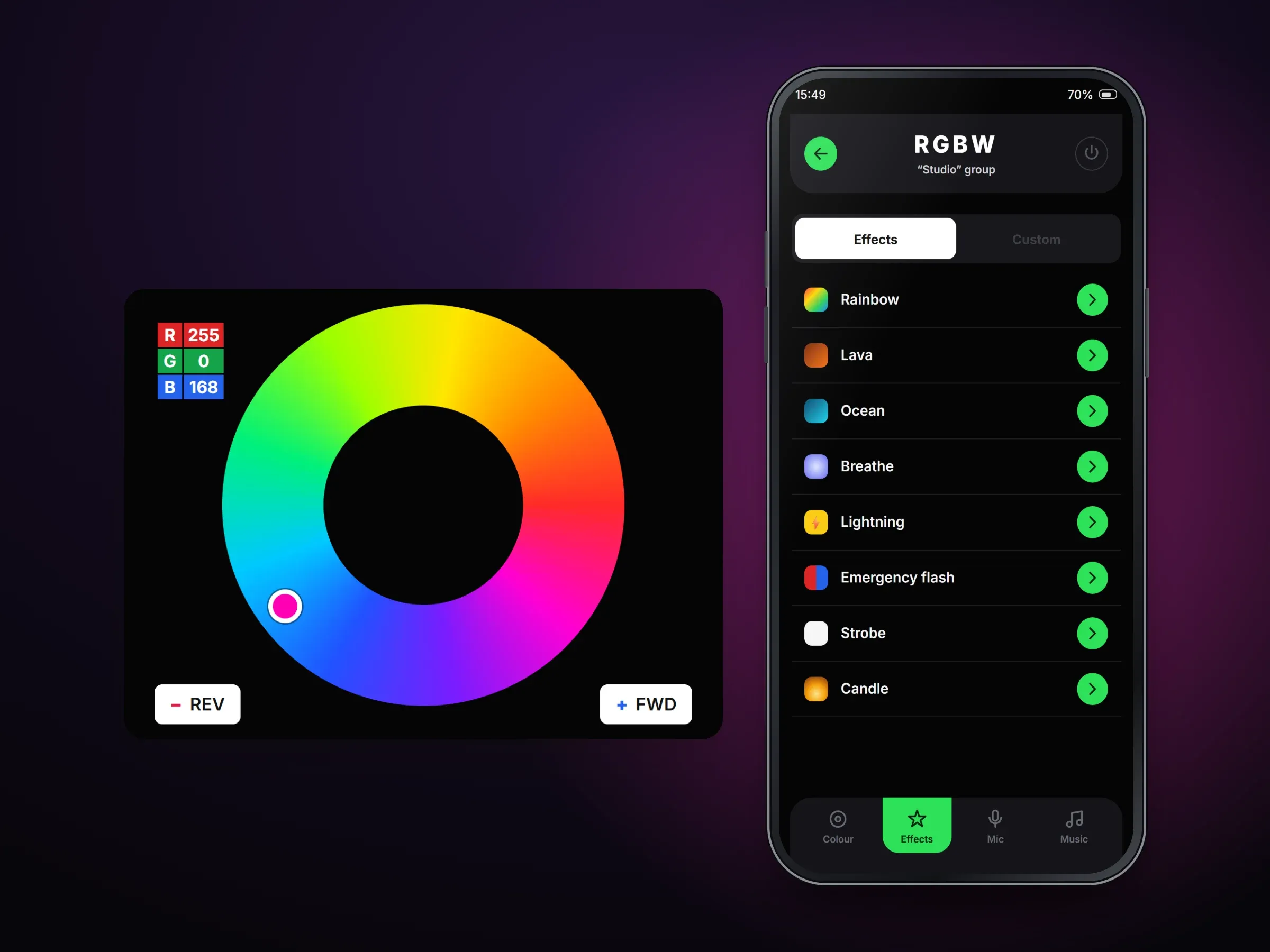 Recreated screens of the lighting app built around its colour wheel with RGB values 255, 0 and 168: the colour screen with preset colours and brightness sliders beside the client's portable LED uplights (illustration), or the wheel enlarged beside the effects list