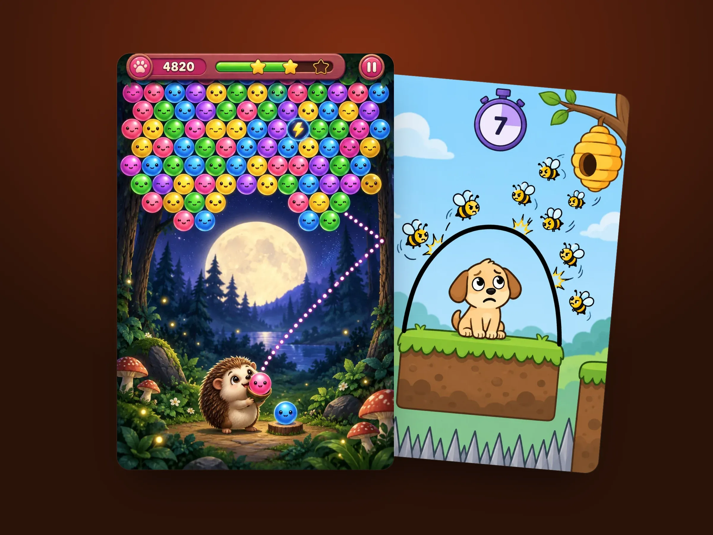 Representative artwork from the casual games in this collection, shown as tilted screens on a dark brown stage — such as the bubble shooter, the rabbit runner, the bug smasher and the line-drawing puzzle