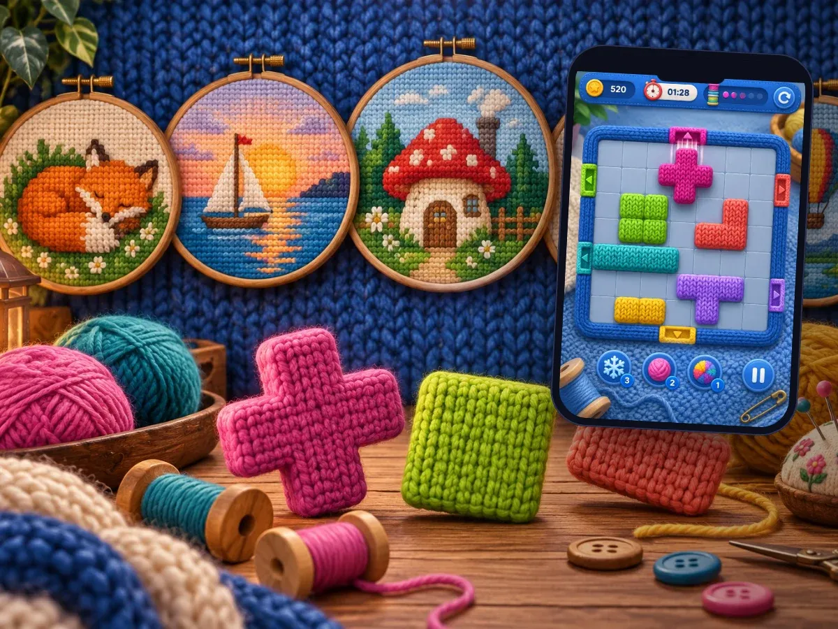 Representative artwork for a knitting-themed sliding-block puzzle: knitted puzzle blocks, balls of yarn and cross-stitch pictures in embroidery hoops, and the puzzle board itself
