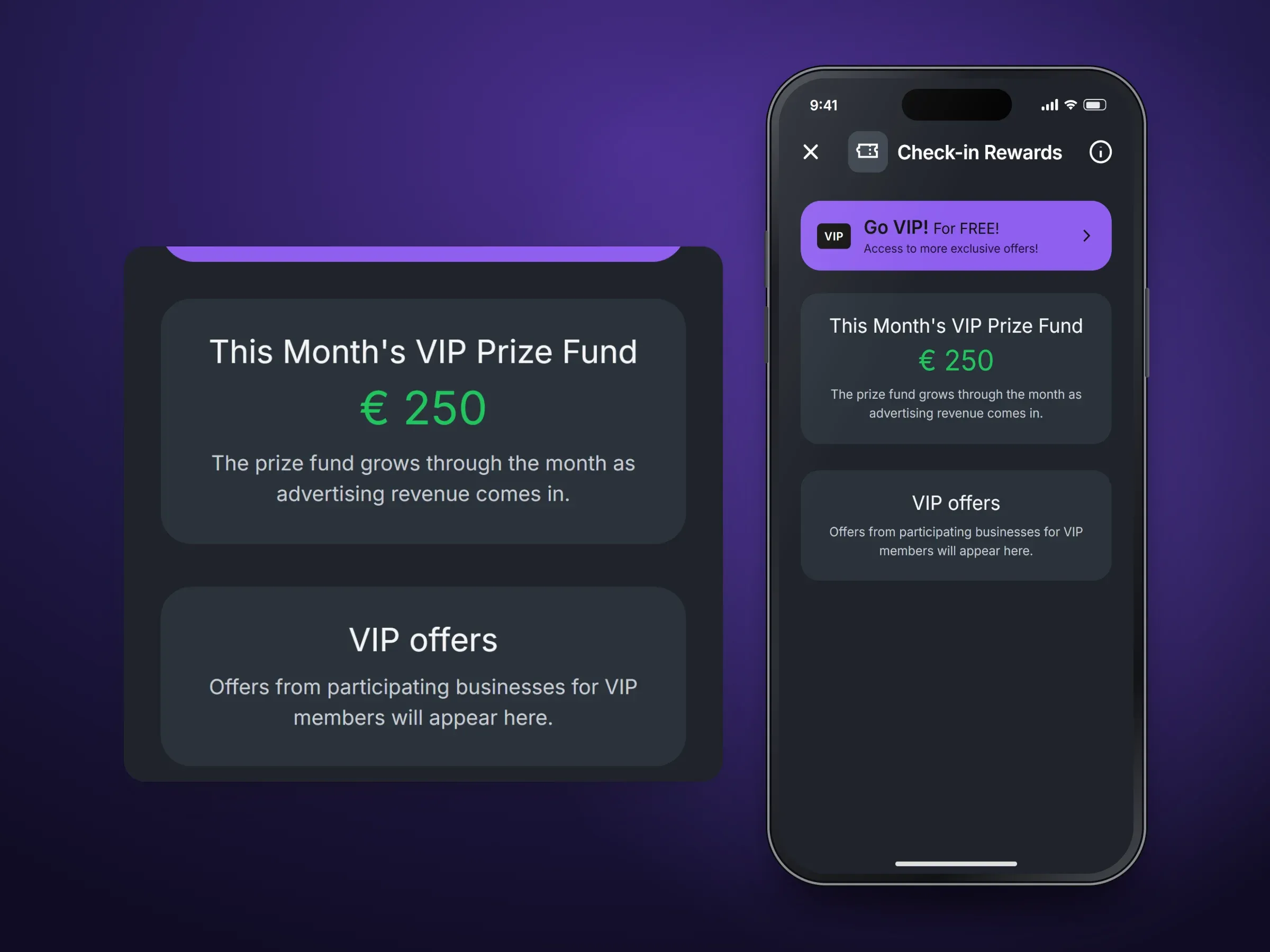 The recreated check-in rewards app: this month's VIP prize fund of €250 and a space for VIP offers, shown with the list of participating businesses or with the VIP screen and its Go VIP and Invite Friends offers