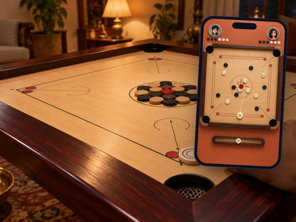 Representative artwork: a polished wooden carrom board in a warmly lit living room, coins arranged in the centre circle around the red queen, and a player's hand about to flick the striker from the baseline