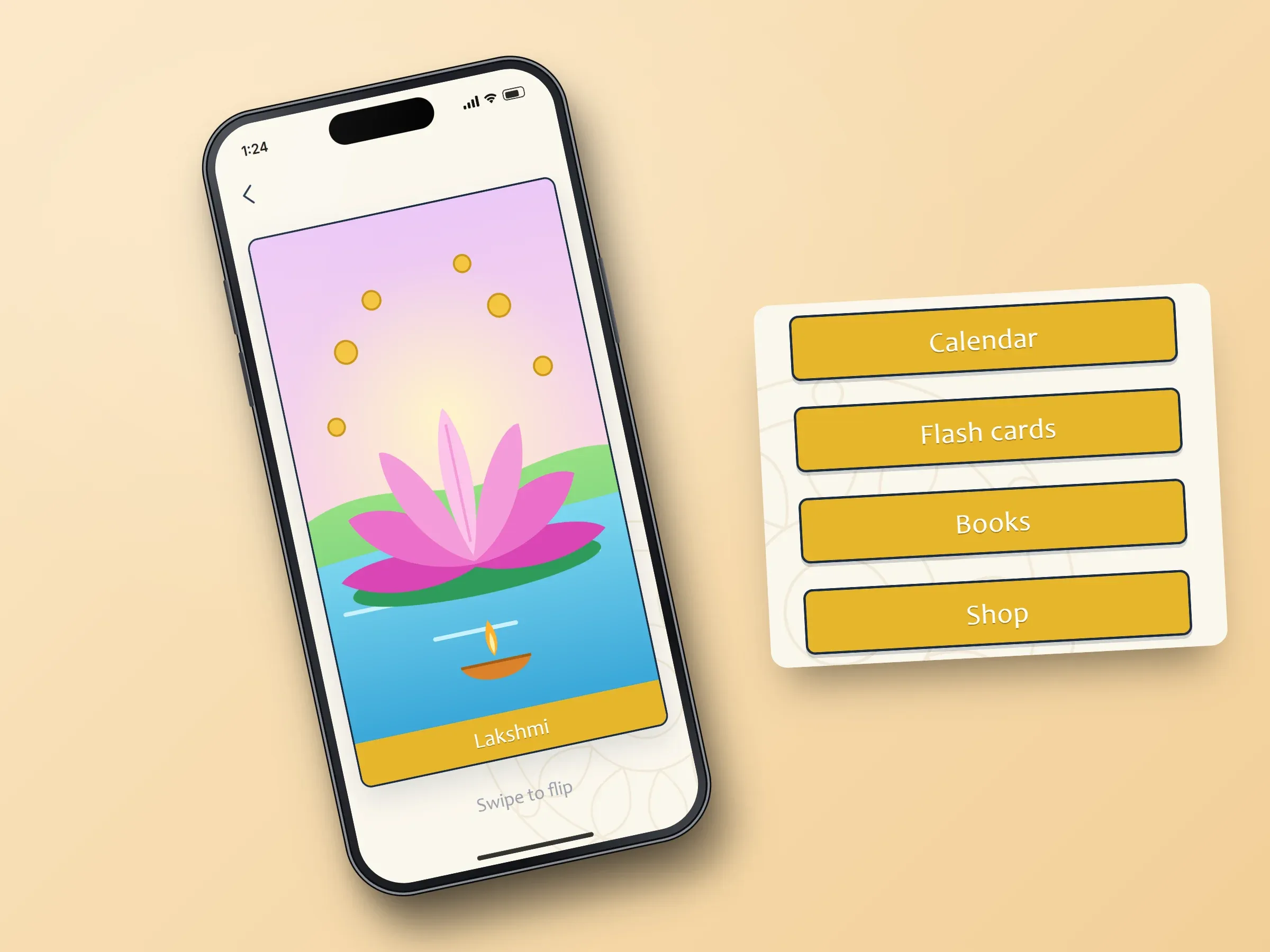 Recreated screens of the flashcard app: the Select Gods carousel with the illustrated Ganesh card, or the front of the Lakshmi card with a pink lotus, gold coins and an oil lamp, beside an enlarged Lakshmi card or the main-menu buttons Calendar, Flash cards, Books and Shop