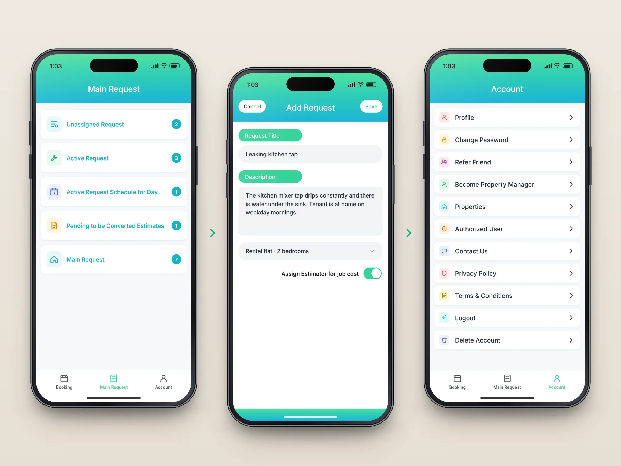 Recreated screens of the property service app: the Main Request overview counting unassigned, active, scheduled-today, pending-estimate and all requests, and the new request form for a leaking kitchen tap, with the account menu in the three-phone version