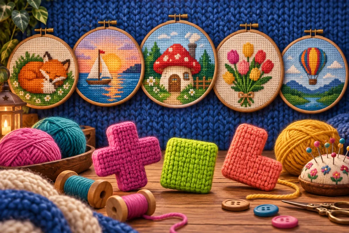 Representative artwork for a knitting-themed sliding-block puzzle: knitted puzzle blocks, balls of yarn and cross-stitch pictures in embroidery hoops, and the puzzle board itself