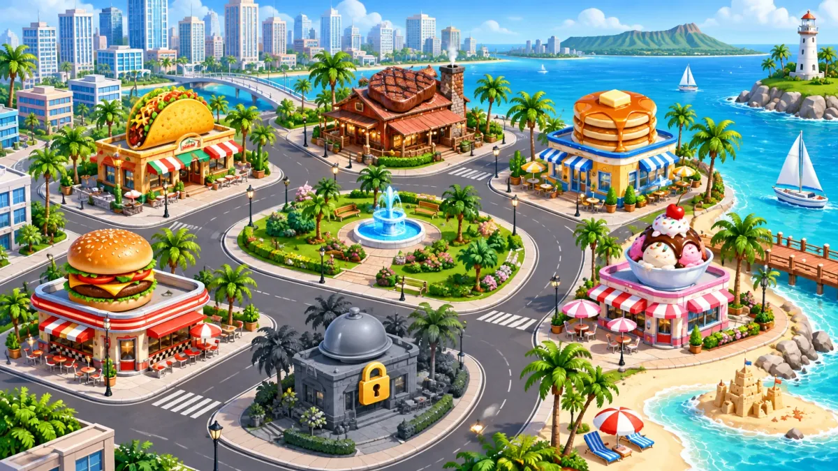 Representative artwork: an isometric coastal city map with themed restaurants — a taco stand, a barbecue shack, a pancake house, an ice-cream parlour and a burger diner — around a park, beach and harbour, one restaurant locked