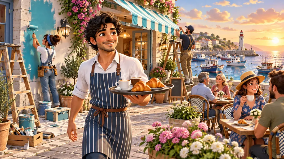 Representative artwork: a café owner in a striped apron carries croissants and coffee across a seaside bistro terrace mid-renovation — a half-painted wall, ladders and paint cans, a new awning going up — with diners, a harbour and a lighthouse behind