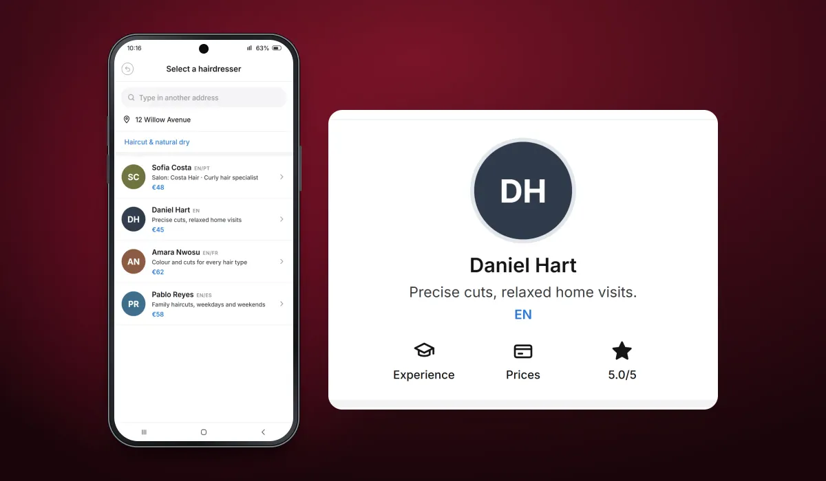 Recreated screens of the hairdressing app: the Select a hairdresser list for 12 Willow Avenue beside an enlarged panel of Daniel Hart's profile, or Daniel Hart's Schedule an appointment screen beside an enlarged panel of the booking, a haircut and natural dry for a total of €45