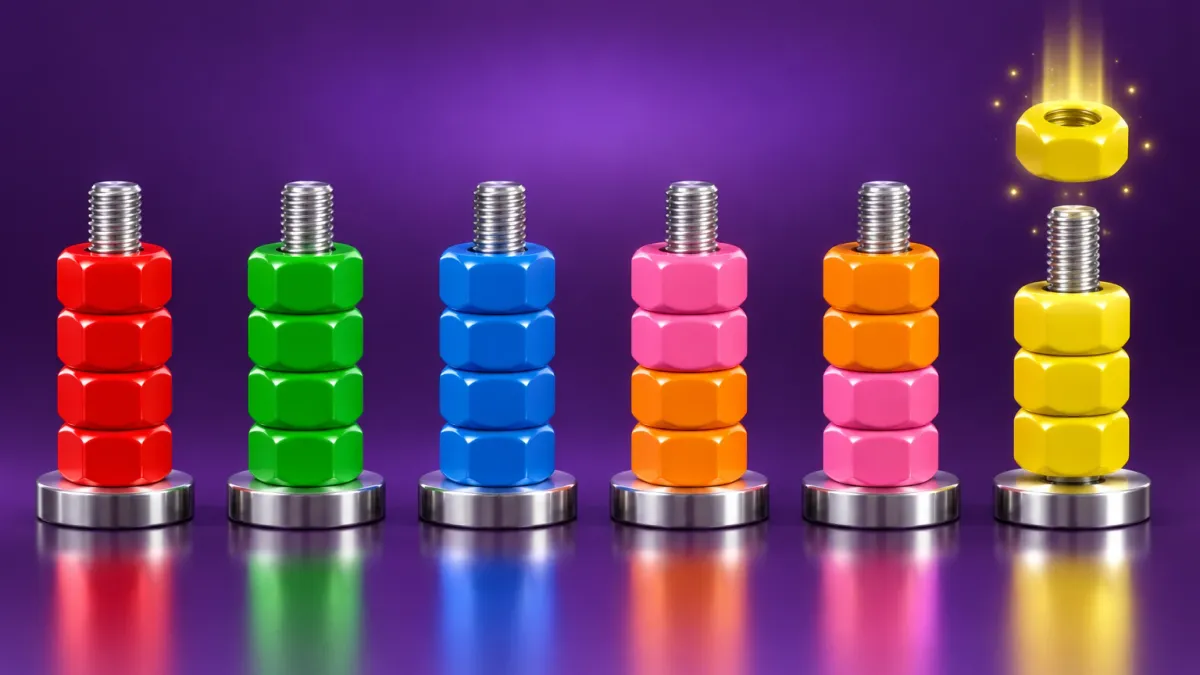 Representative artwork: six steel bolts holding stacks of glossy hexagonal nuts — red, green, blue, two mixed pink-and-orange stacks, and three yellow nuts with a fourth descending onto them