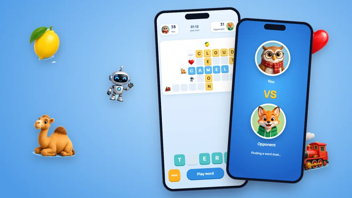Representative screens on two phones: a picture crossword where LEMON runs down through CLOUD, HEART, CAMEL, ROBOT and TRAIN with a hand of letter tiles and both players' scores, and a versus screen with owl and fox avatars