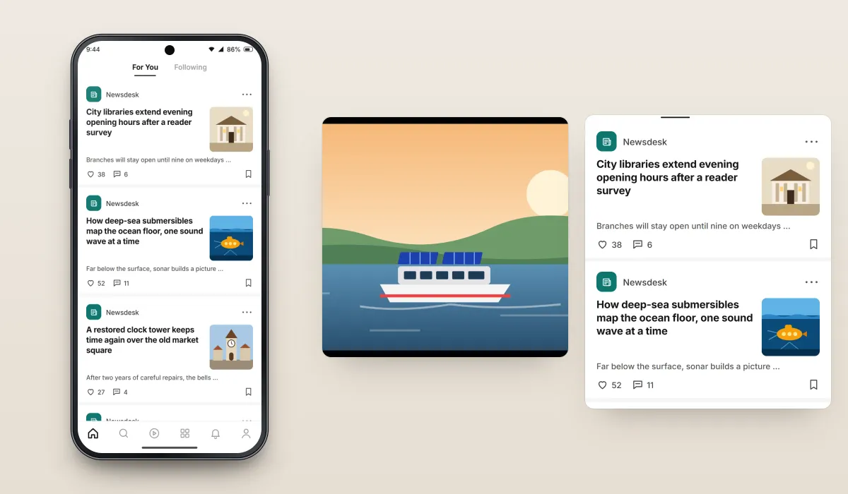 The recreated news app: an illustration of a solar-powered ferry on a river, shown with the For You feed of illustrated newsdesk stories, or with the video player and a list of writers to follow
