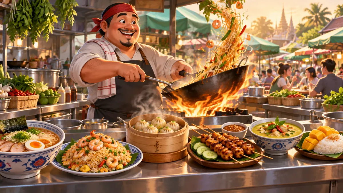 Representative artwork: a cook in a red bandana tosses noodles in a flaming wok at a hawker stall, in front of a row of finished dishes — ramen, fried rice, dumplings, satay skewers, green curry and mango with rice — in a sunny market street
