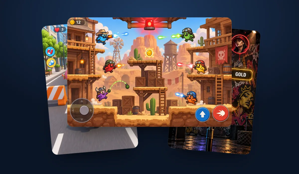 Representative artwork from the multiplayer games in this collection, shown as tilted screens on a dark blue stage — such as the arena shooter, the snack-character runner, online pool and the rap battle