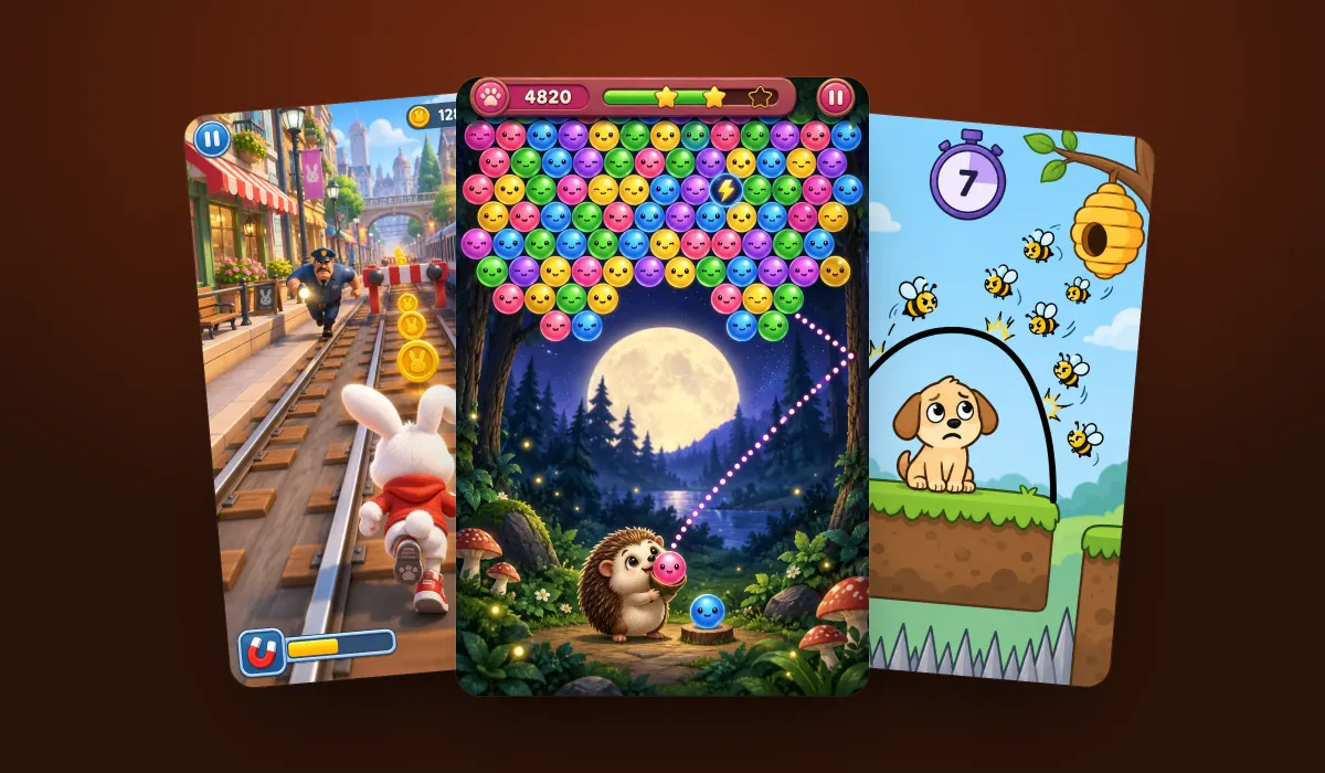 Representative artwork from the casual games in this collection, shown as tilted screens on a dark brown stage — such as the bubble shooter, the rabbit runner, the bug smasher and the line-drawing puzzle