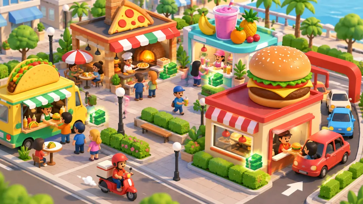 Representative artwork: an isometric toy-like fast-food street with a burger shop and drive-thru, a pizza place, a taco truck and a smoothie bar, with customers, staff, cars, a delivery scooter and stacks of cash