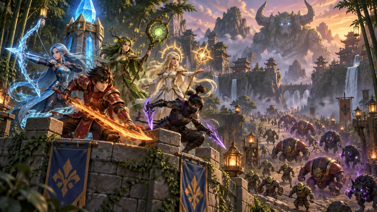 Representative artwork: five elemental heroes — fire swordsman, ice archer, leaf druid, light priestess and shadow ninja — defend a stone bastion and a blue crystal tower as goblins, armoured brutes and shadow wolves advance through a misty bamboo valley