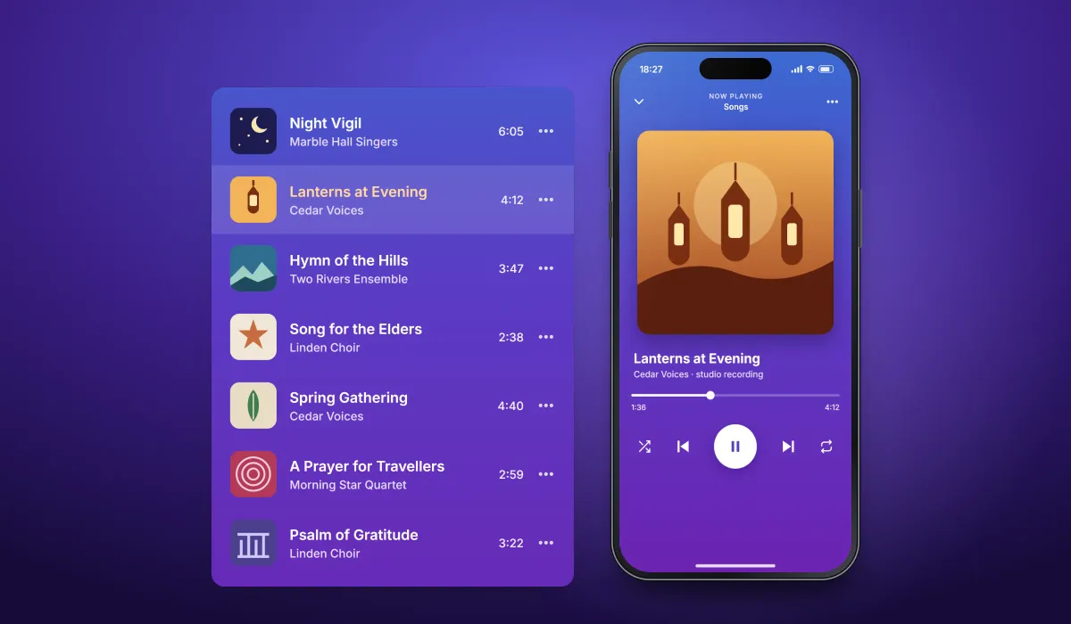 Recreated screens of the song archive app: the player for Lanterns at Evening by Cedar Voices, with lantern artwork, a progress bar and playback controls, shown with the song list of seven songs, each with square artwork, performer and duration
