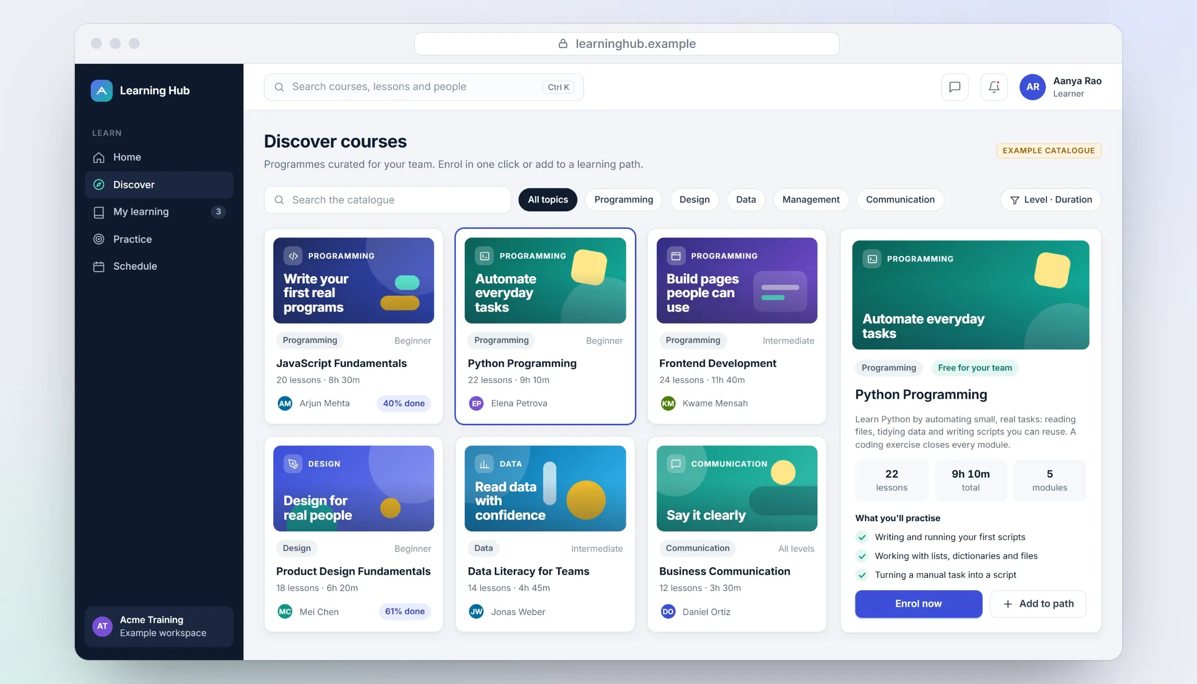 Recreated course catalogue: topic filters, six course cards — JavaScript Fundamentals (40% done), Python Programming, Frontend Development, Product Design Fundamentals (61% done), Data Literacy for Teams and Business Communication — and a detail panel for Python Programming with 22 lessons, 9 h 10 min, 5 modules and an Enrol button