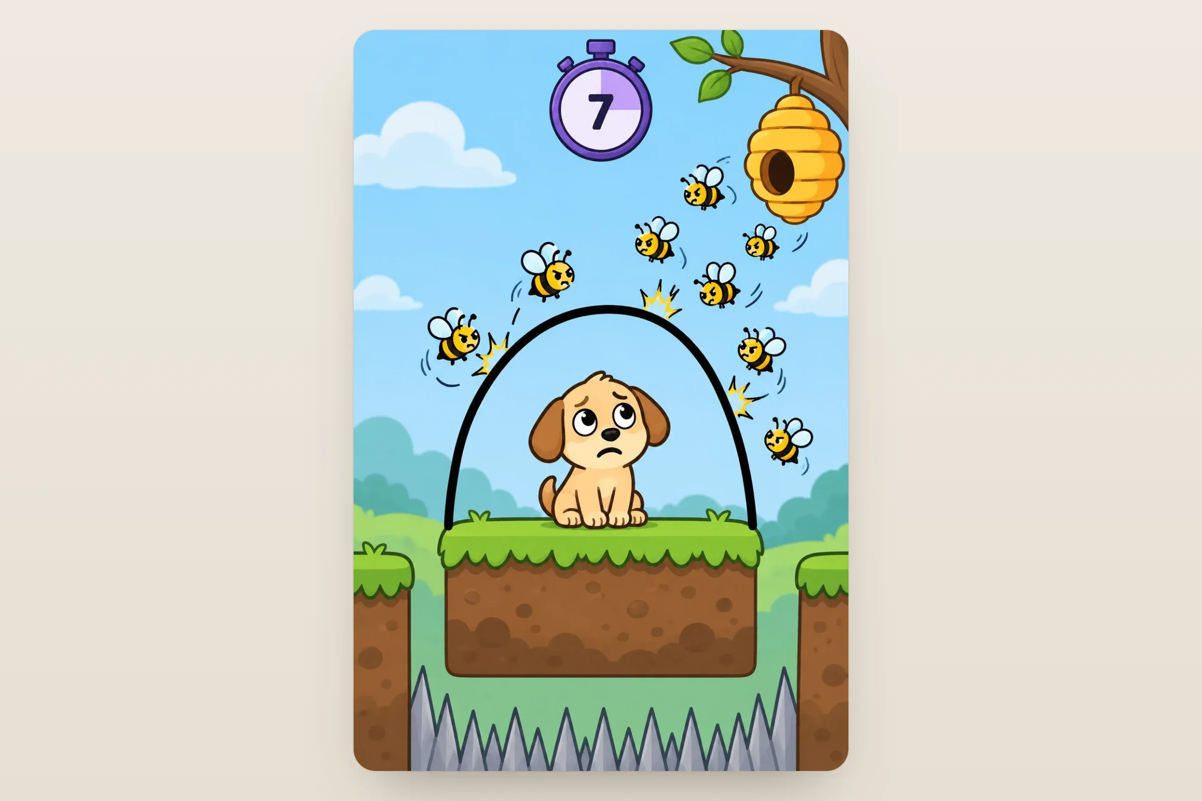 Representative artwork: a puppy on a grassy block inside a hand-drawn line dome, bees from a hive bouncing off the line and a stopwatch showing 7