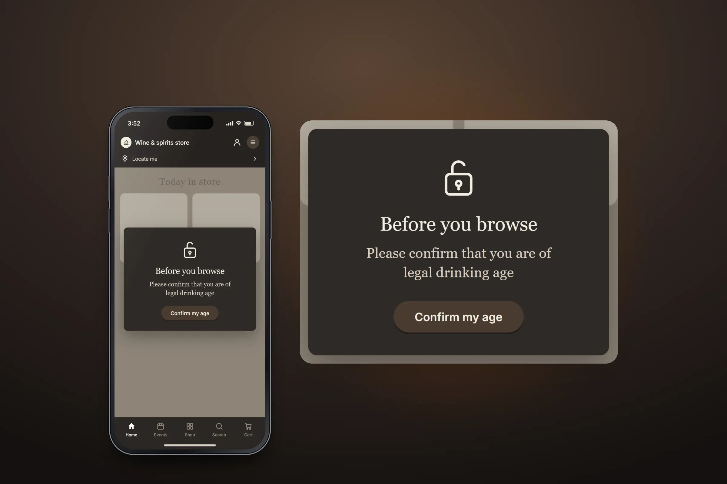 Recreated age check over the dimmed home screen, and an enlarged panel of it: a padlock icon, the heading Before you browse, a request to confirm they are of legal drinking age and a Confirm my age button
