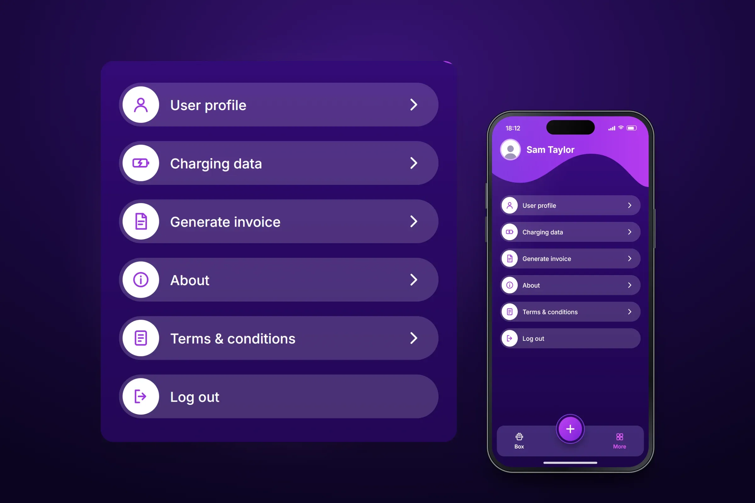 Recreated account menu for Sam Taylor, with Box and More tabs and an add button, and an enlarged view of its entries User profile, Charging data, Generate invoice, About, Terms & conditions and Log out