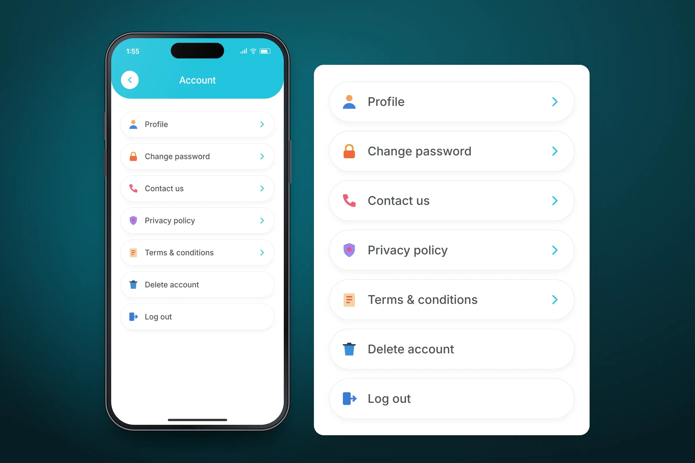 Recreated Account screen with an enlarged panel of its menu: Profile, Change password, Contact us, Privacy policy, Terms and conditions, Delete account and Log out