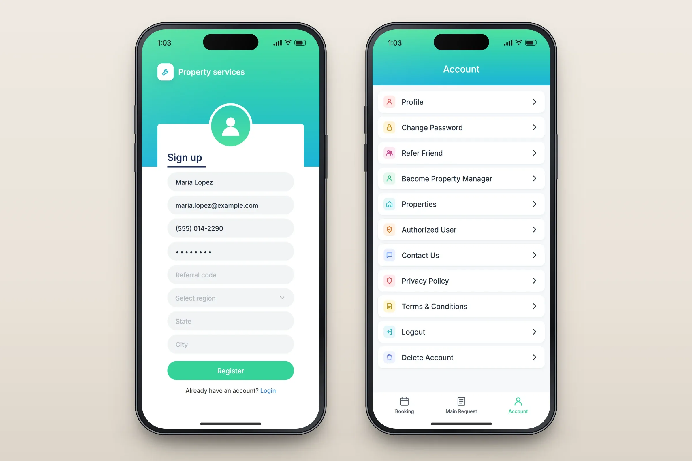 Two recreated screens: the sign-up form with a wrench icon and the label Property services, name, email and phone filled in, password, referral code, region, state and city fields and a Register button; and the account menu listing Profile, Change password, Refer friend, Become property manager, Properties, Authorized user, Contact us, Privacy policy, Terms and conditions, Logout and Delete account