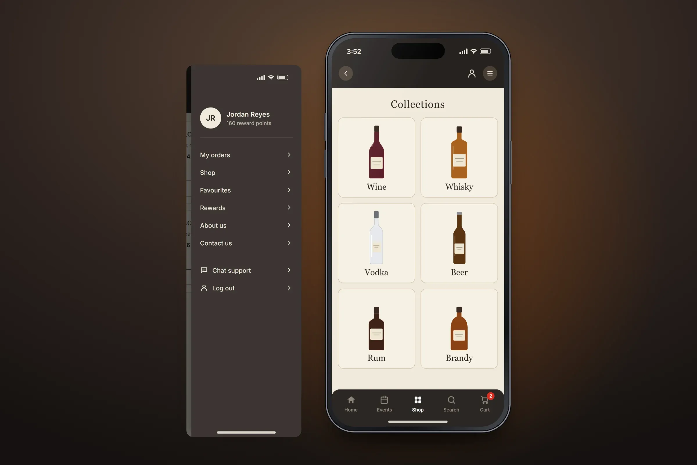 Recreated Collections screen with the Shop tab selected, beside an enlarged panel of the side menu: the customer Jordan Reyes with 160 reward points, then My orders, Shop, Favourites, Rewards, About us, Contact us, Chat support and Log out
