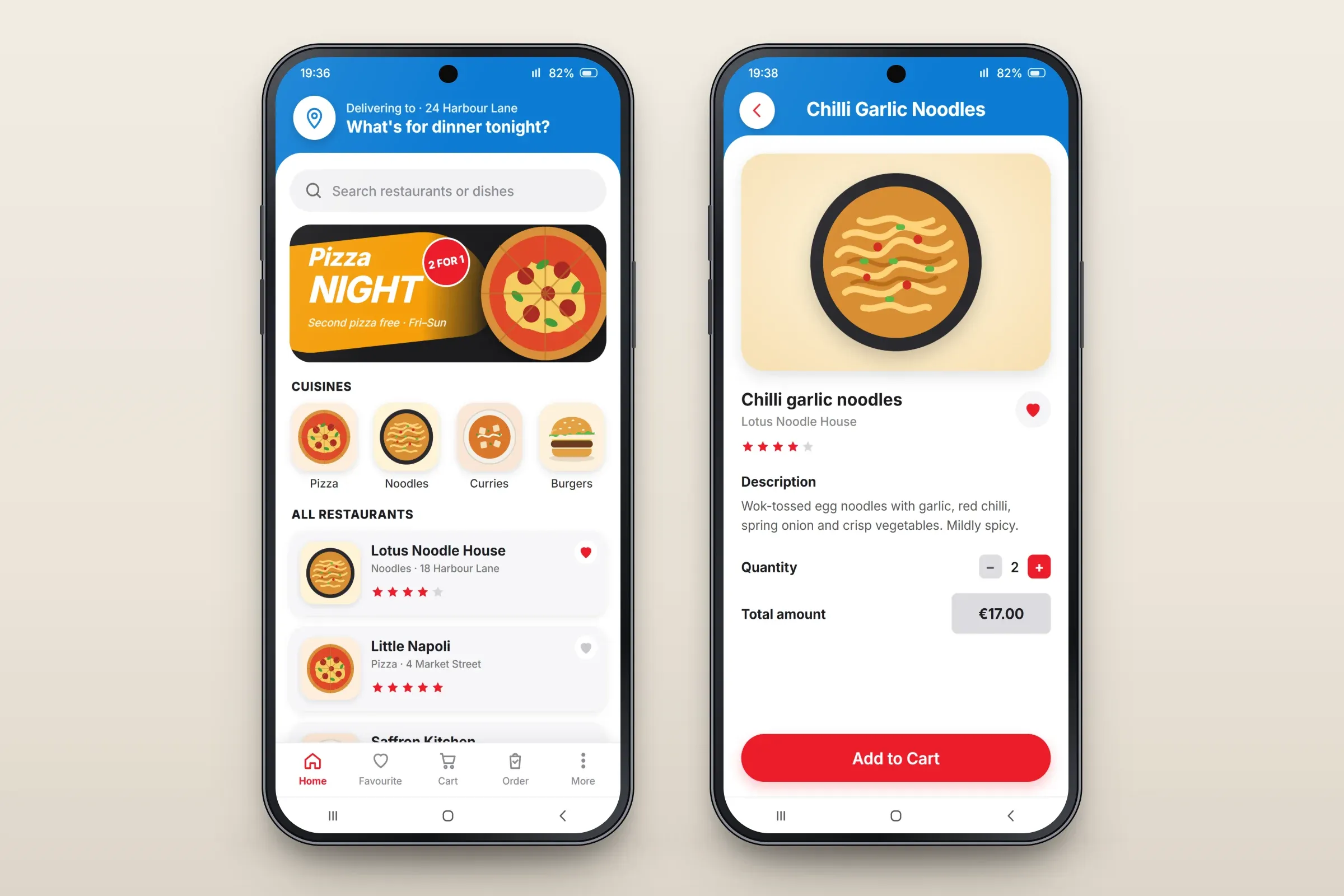 Two recreated screens: the home screen with a search bar, a Pizza Night offer with a second pizza free, cuisine tiles for pizza, noodles, curries and burgers, and restaurant cards with cuisine, address and star ratings; and the dish page for chilli garlic noodles from Lotus Noodle House with a description, quantity 2, a total of €17.00 and an Add to Cart button