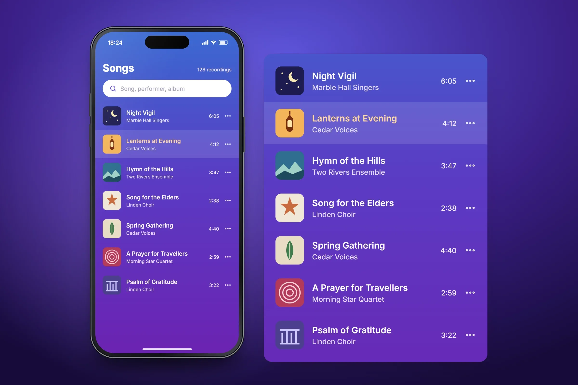 Recreated Songs screen with 128 recordings and a search field for song, performer or album, and an enlarged panel of its list: seven songs, each with square artwork, title, performer, duration and a menu button, the playing song, Lanterns at Evening, highlighted