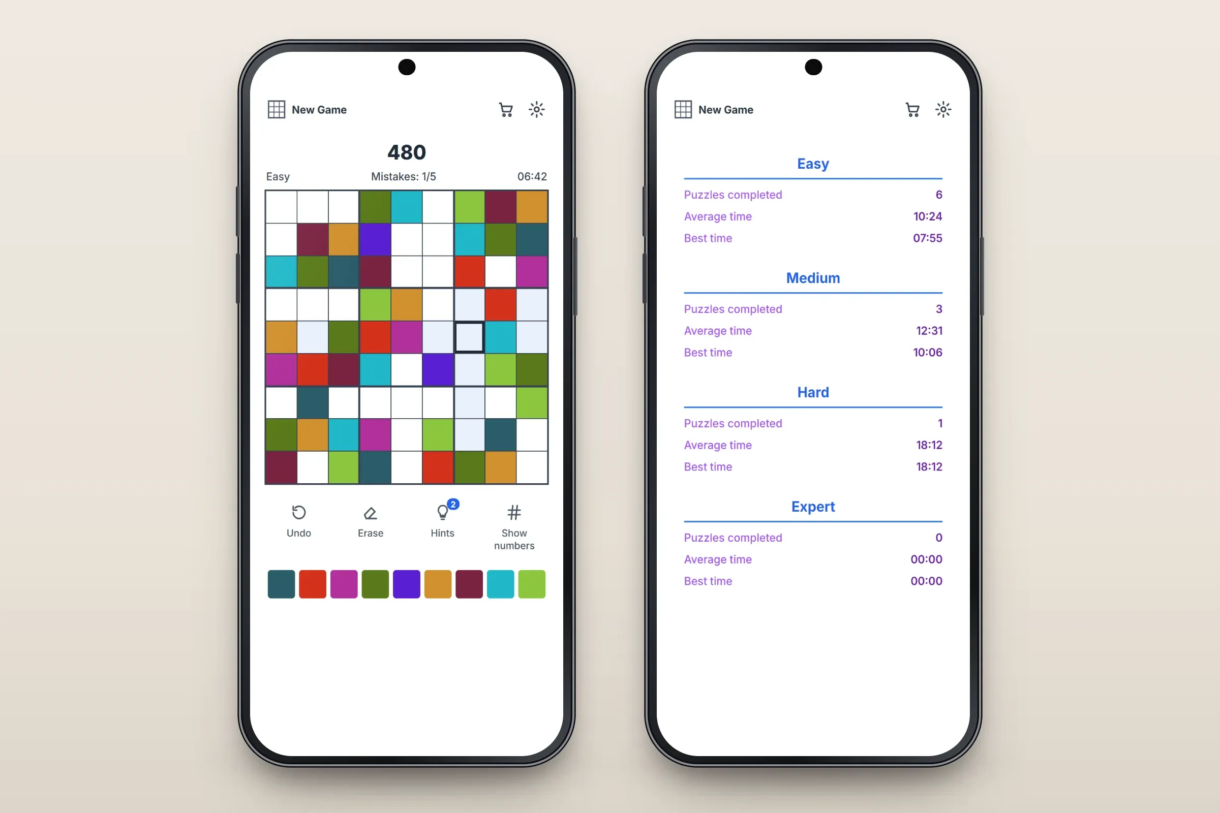 Two recreated screens: an Easy colour Sudoku with score 480, 1 of 5 mistakes and a 06:42 timer, a 9 by 9 grid partly filled with nine colours, undo, erase, hints and show-numbers tools and a row of colour swatches; and statistics for Easy, Medium, Hard and Expert with puzzles completed, average time and best time