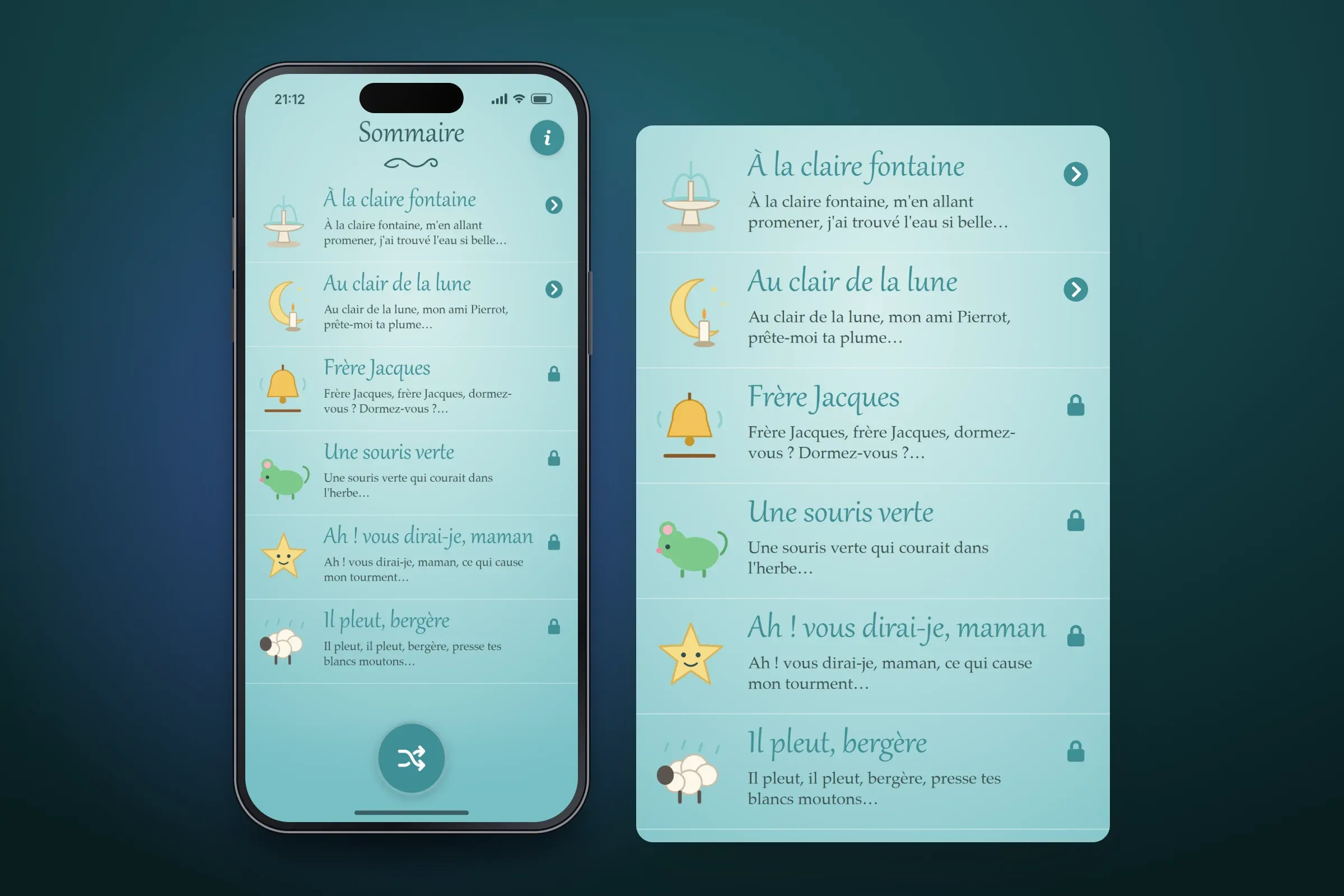 Recreated teal Sommaire list with a round shuffle button at the bottom, and an enlarged panel of its six traditional rhymes, from À la claire fontaine, Au clair de la lune and Frère Jacques to Il pleut, bergère, each with a small drawing and opening line, the first two with arrows and the rest with locks