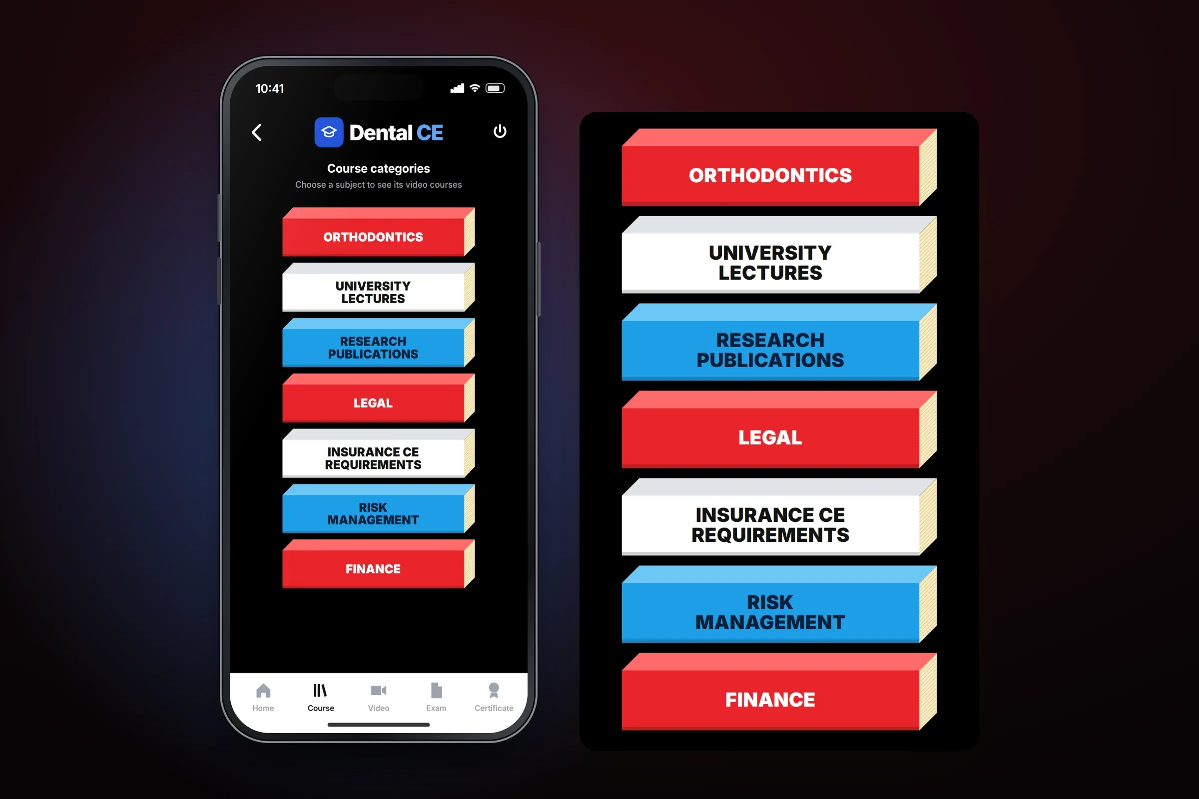 Recreated Course categories screen, Choose a subject to see its video courses, with an enlarged view of the categories drawn as books — orthodontics, university lectures, research publications, legal, insurance CE requirements, risk management and finance