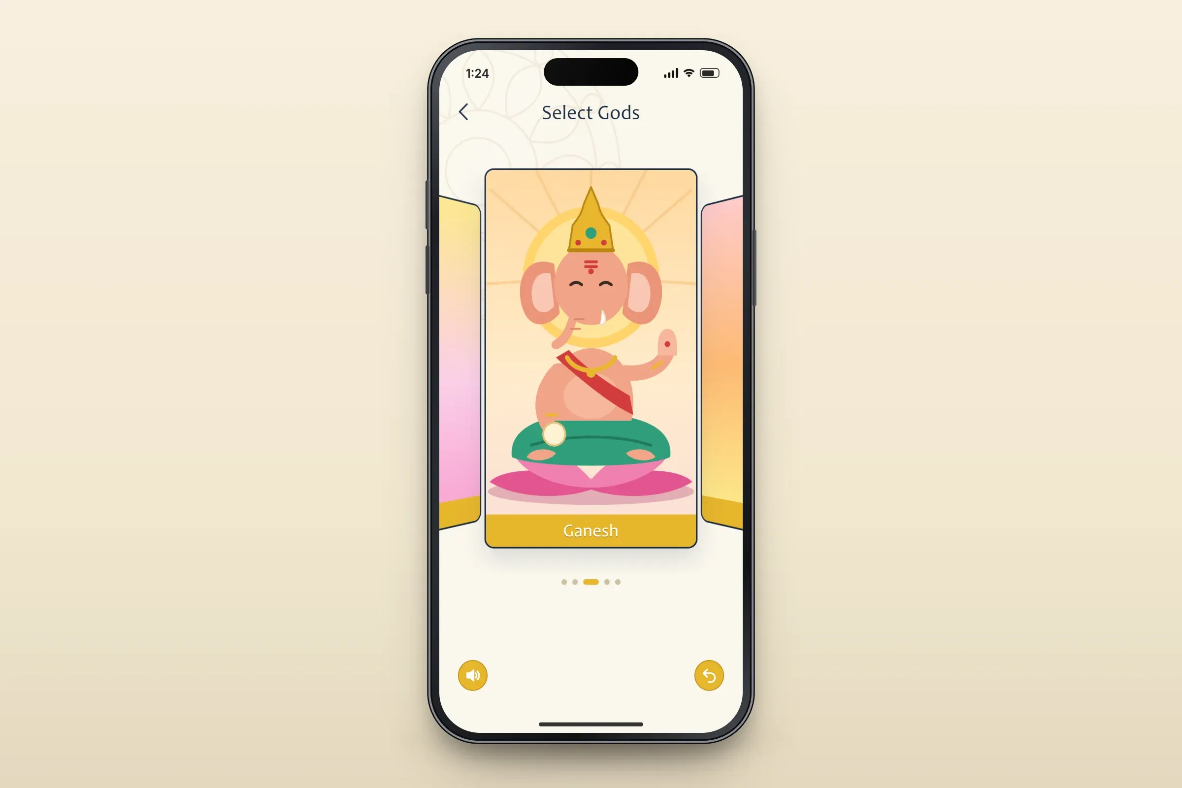 Recreated Select Gods screen: a card carousel with an illustrated card of elephant-headed Ganesh, seated on a lotus in a green dhoti with one hand raised in blessing, in the centre, the edges of neighbouring cards on both sides, page dots, and round gold sound and back buttons at the bottom
