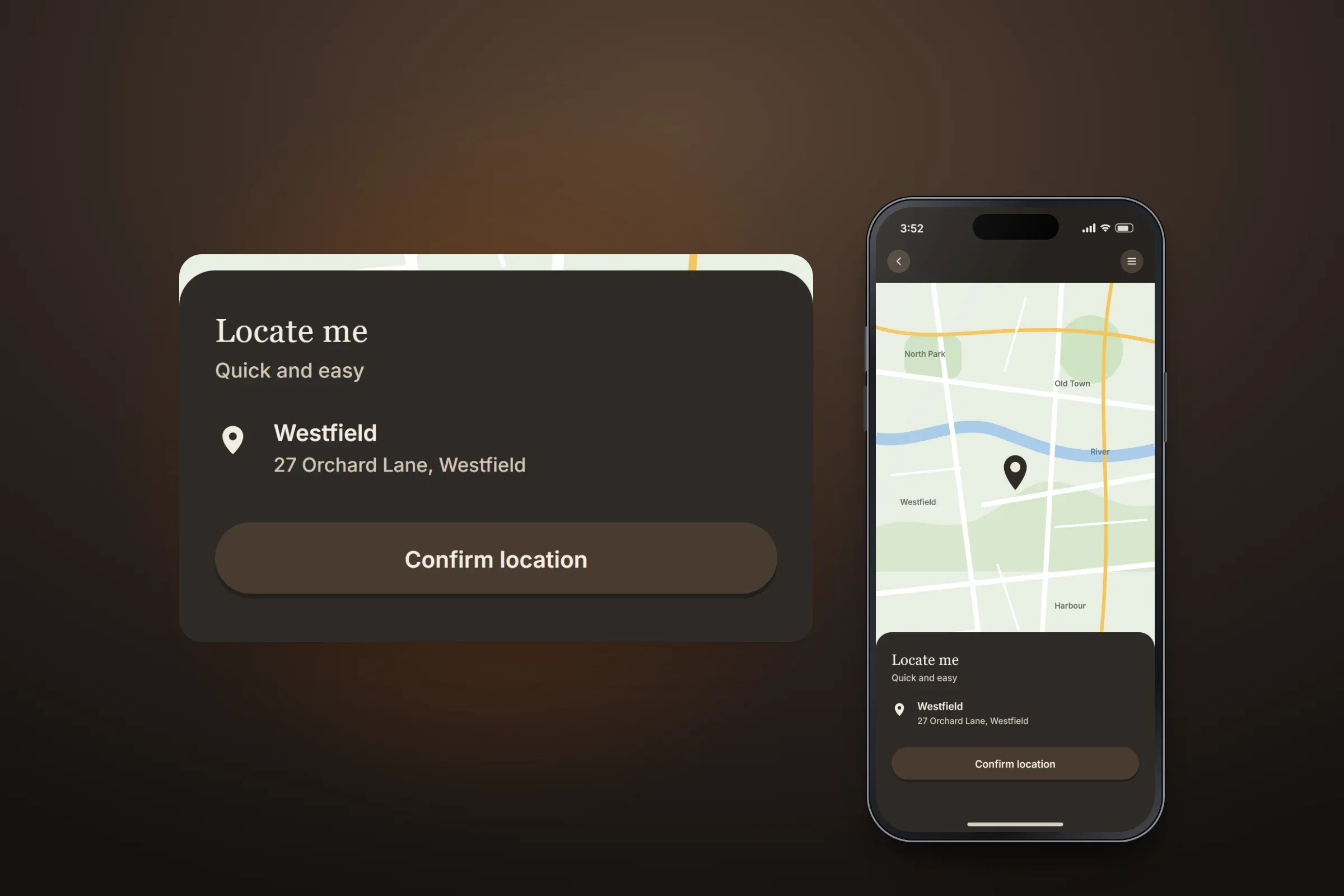 Recreated Locate Me screen with a map and a location pin, and an enlarged panel of its bottom sheet: Locate me, Quick and easy, the address 27 Orchard Lane, Westfield and a Confirm location button