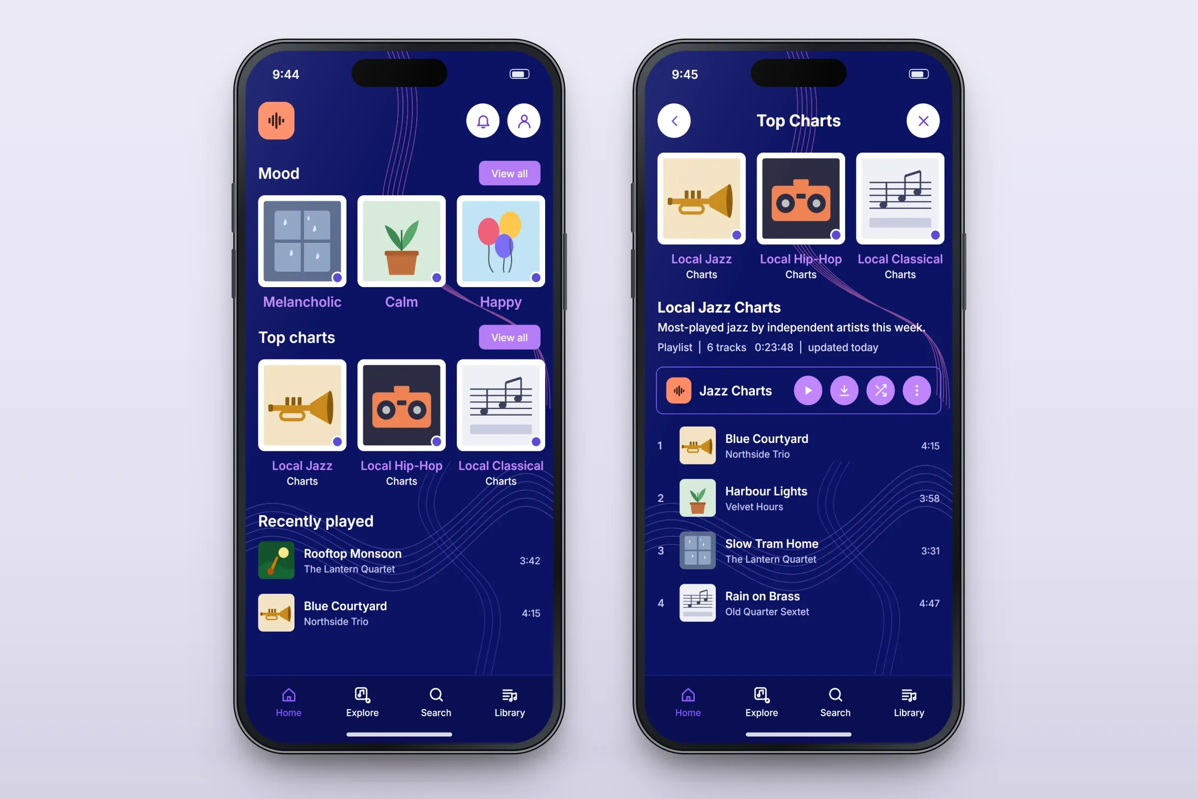Two recreated screens: the home screen with mood tiles for melancholic, calm and happy, top charts for local jazz, hip-hop and classical, and two recently played songs; and Top Charts showing the Local Jazz Charts playlist — six tracks, 23 minutes 48 seconds, updated today — with play, download, shuffle and more buttons and four numbered tracks