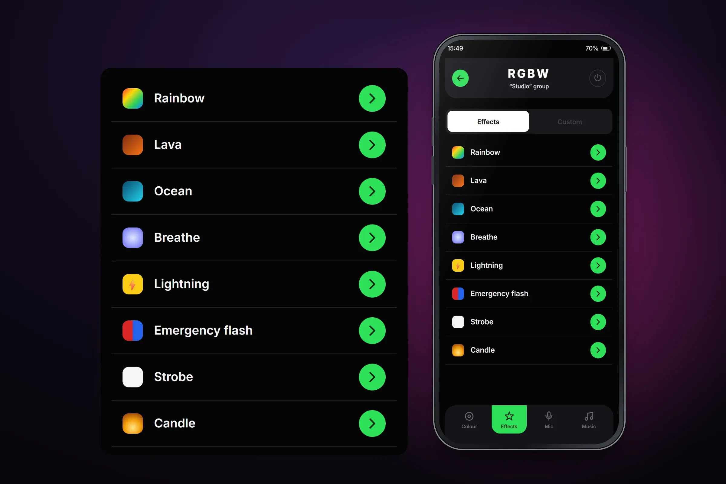Recreated Effects screen for the Studio group, with an enlarged view of its list of effects — Rainbow, Lava, Ocean, Breathe, Lightning, Emergency flash, Strobe and Candle — each with a coloured icon and a green arrow button