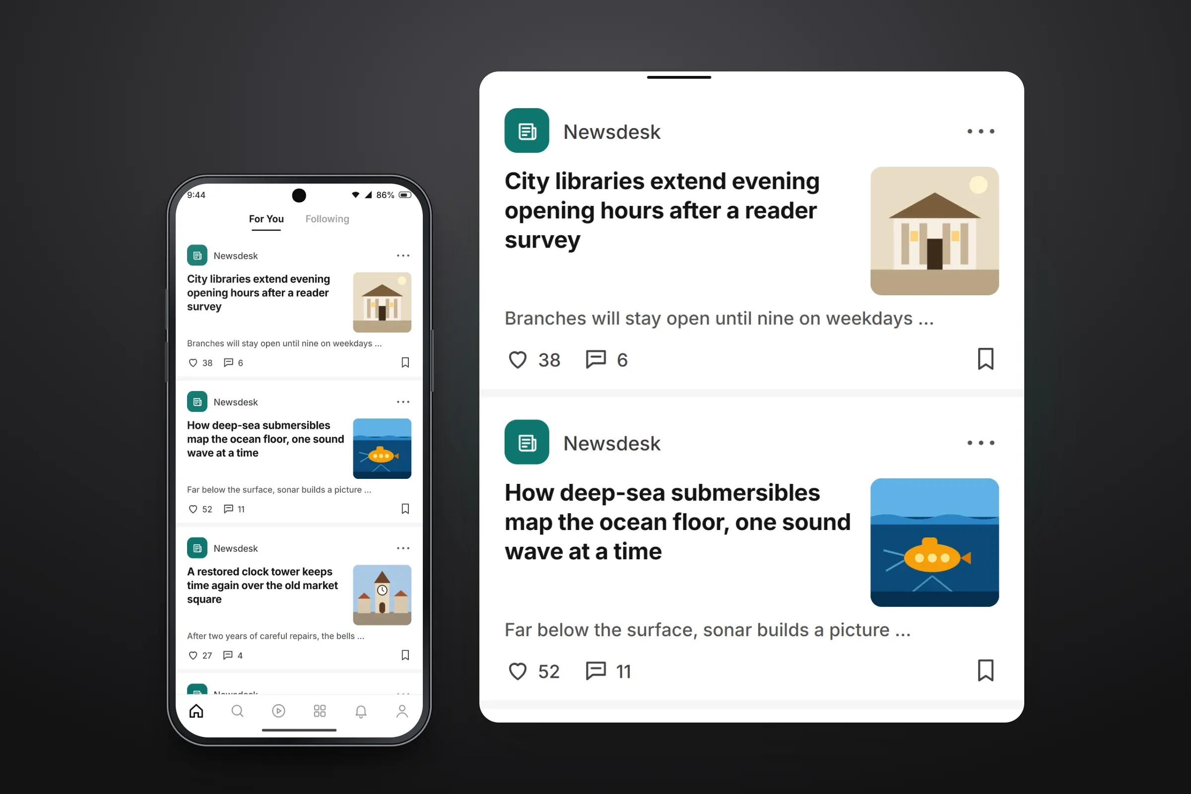 Recreated For You feed with three illustrated stories from the newsdesk — city libraries extending evening hours, deep-sea submersibles mapping the ocean floor and a restored clock tower — and an enlarged panel of the first two stories, each with a summary line, likes, comments and a bookmark