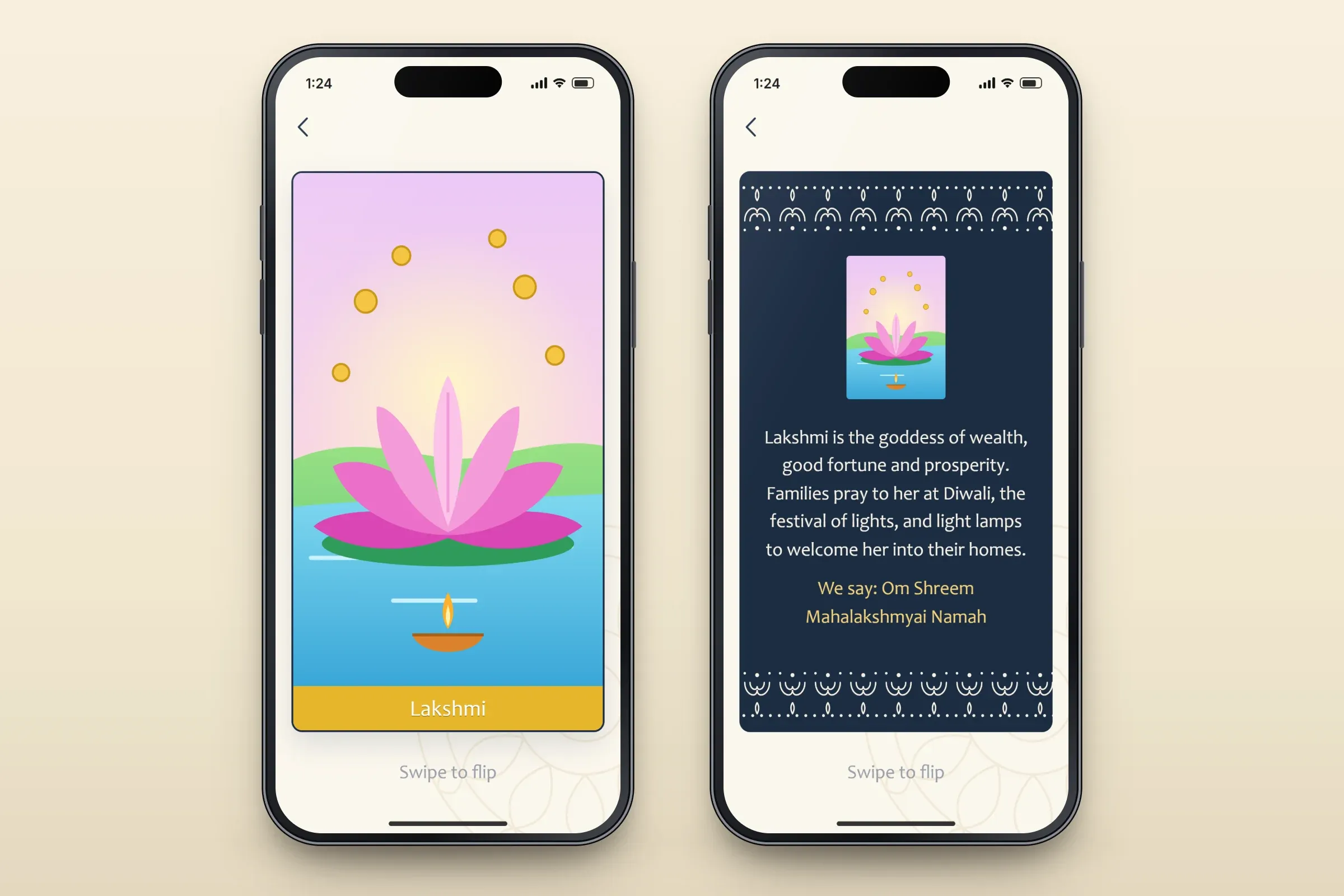 Two recreated screens of the Lakshmi card: the front with a pink lotus on water, falling gold coins and an oil lamp, labelled Lakshmi, with Swipe to flip below; and the navy back with ornamental borders, a small picture of the front and a short text about Lakshmi, Diwali and the words Om Shreem Mahalakshmyai Namah